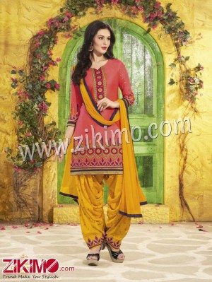 Patiala House CarrotRed and GoldenYellow Embroidered Pure Cotton With Chiffon Dupatta Party Wear Un-stitched Patiyala Suit 5052