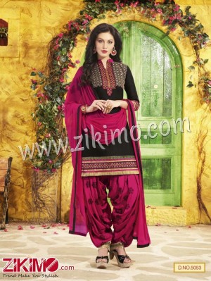 Patiala House Black and Magenta Embroidered Pure Cotton With Chiffon Dupatta Party Wear Un-stitched Patiyala Suit 5053