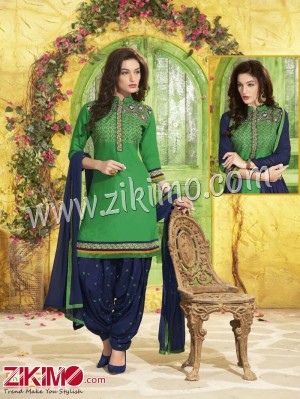 Patiala House Green and NavyBlue Embroidered Pure Cotton With Chiffon Dupatta Party Wear Un-stitched Patiyala Suit 5054