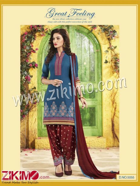 Patiala House SteelBlue and Brown Embroidered Pure Cotton With Chiffon Dupatta Party Wear Un-stitched Patiyala Suit 5055