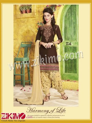 Patiala House BistreBrown and Burlywood Embroidered Pure Cotton With Chiffon Dupatta Party Wear Un-stitched Patiyala Suit 5057