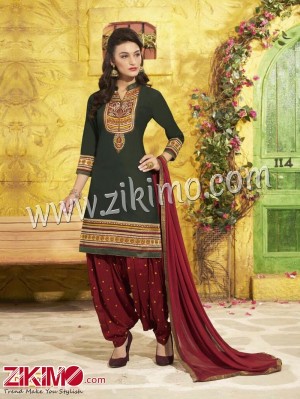 Patiala HouseDarkArmyGreen and Maroon Embroidered Pure Cotton With Chiffon Dupatta Party Wear Un-stitched Patiyala Suit 5059