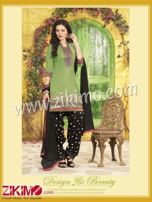 Patiala HouseLightGreen and Black Embroidered Pure Cotton With Chiffon Dupatta Party Wear Un-stitched Patiyala Suit 5062