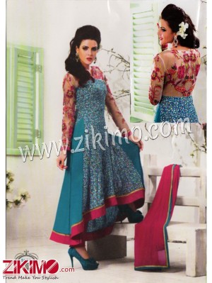 Blue and Pink Georgette with Embroidery Semi-stitched Party Wear Anarkali Suit 5155