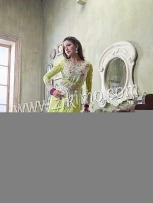 Gauhar Khan Embroidered Georgette Light Green and Pink Semi-Stitched Anarkali Suit with Chiffon Dupatta