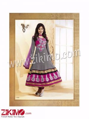 Neha Embroidered Georgette Grey and Magenta Anarkali Semi-stitched Suit
