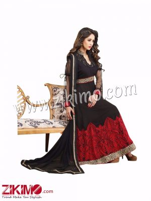 Chahat Khanna Embroidered Georgette Black and Red Semi-stitched Anarkali with Chiffon Dupatta
