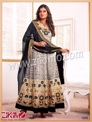 Kriti Sanon Net Brasso Gray and Black Semi-Stitched Anarkali Suit
