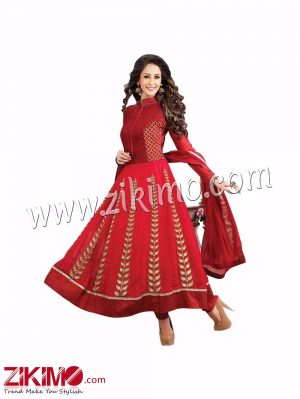 Designer Embroidered Georgette Red and Golden Semi-stitched Anarkali with Chiffon Dupatta