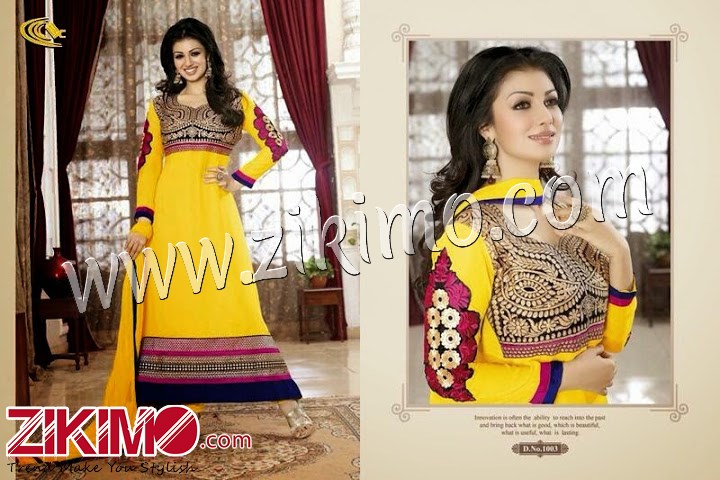 Designer Embroidered Georgette Blue and Yellow Semi-stitched Anarkali Suit