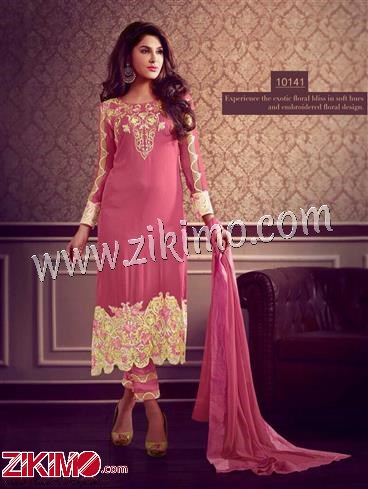 Pink and Yellow Embroidered Georgette Semi-stitched Pakistani Suit 1 Pink and Yellow Embroidered Georgette Semi-stitched Pakistani Suit