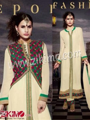 Ivory and SeaGreen Georgette Long Stylish Semi Stitched Designer Suit
