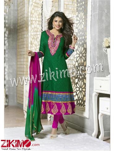 Stitched Green and DeepPInk Cotton Jacquard XL Size Anarkali Suit 1 Stitched Green and DeepPInk Cotton Jacquard XL Size Anarkali Suit