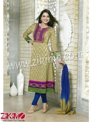 Stitched DarkKhaki and RoyalBlue Cotton Jacquard XL Size Anarkali Suit