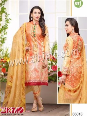 Orange and Yellow Embroidered Cotton Satin Un-stitched Pakistani Suit