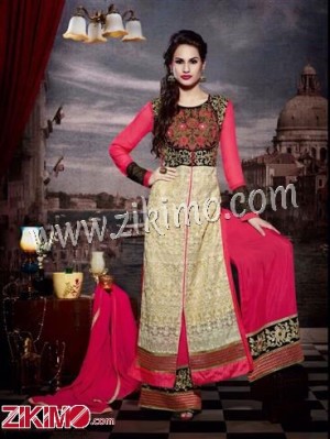 Beige and HotPink Georgette Long Stylish Plazzo and Pant Style Semi-Stitched Designer Suit