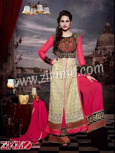 Beige and HotPink Georgette Long Stylish Plazzo and Pant Style Semi-Stitched Designer Suit 1 Beige and HotPink Georgette Long Stylish Plazzo and Pant Style Semi-Stitched Designer Suit