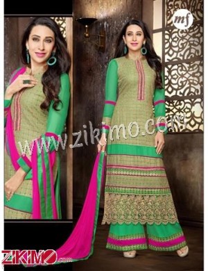 Green and Magenta Embroidered Georgette Semi-stitched Straight Suit