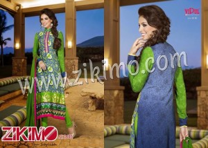 Vipul LimeGreen and RoyalBlue Georgette Embroidered Chiffon Dupatta Semi-stitched Straight Suit 6116