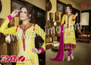 Vipul Yellow and DeepPink Georgette Embroidered Semi-stitched Straight With Chiffon Dupatta Suit 6118