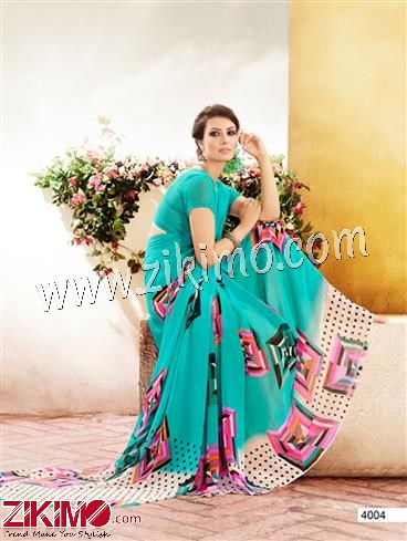 Aquamarine and Pink Chiffon Saree With Blouse Piece 4004 1 Aquamarine and Pink Chiffon Saree With Blouse Piece 4004