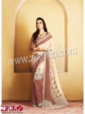 Brown and Cream Chiffon Saree With Blouse Piece 4011