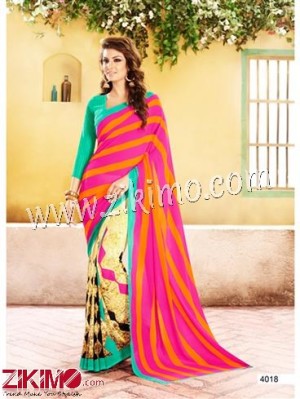 Pink Green and LightYellow Chiffon Saree With Blouse Piece 4018