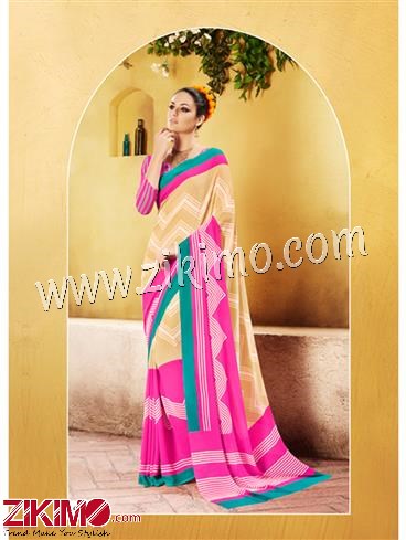 SeaGreen Beige and Pink Chiffon Saree With Blouse Piece 4027 1 SeaGreen Beige and Pink Chiffon Saree With Blouse Piece 4027