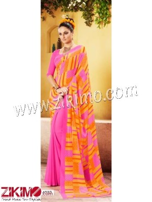 Designer Pink Orange and Yellow Chiffon Saree With Blouse Piece 4032