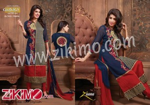 Zaara 9606 MidnightBlue and Red Cotton Embroidered Un-stitched Suit With Chiffon Dupatta