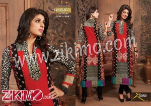 Zaara 9607 Red and Black Cotton Cotton Embroidered Un-stitched Suit With Chiffon Dupatta