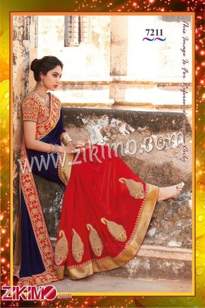 Zikimo 7211 Red Pure Georgette Saree With Coding Work And Raw Silk Red Blouse