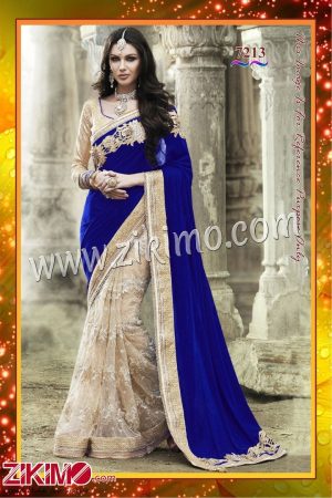 Zikimo 7213 net Biege Color Party Wear Saree With Blue Velvet Pallu And Biege Blouse