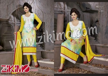 Adesh 8008 Yellow and White Embroidered Georgette Digital Print Party Wear Semi-stitched Straight Suit With Chiffon Dupatta
