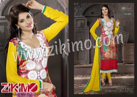 Adesh 8009 Yellow and Red Embroidered Georgette Digital Print Party Wear Semi-stitched Straight Suit With Chiffon Dupatta