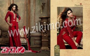 Maskeen Addiction 18004 Red Net Wedding Party Wear Straight Cut Pants Suit
