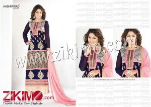 40002 DarkBlue and Pink Embroidered Georgette  Semi-Stitched Party Wear Pants Style Long Straight Suit With Chiffon Dupatta