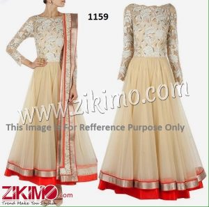 Zikimo Designer Net Off White Wedding Wear Ankle Length Anarkali Suit With Net Dupatta
