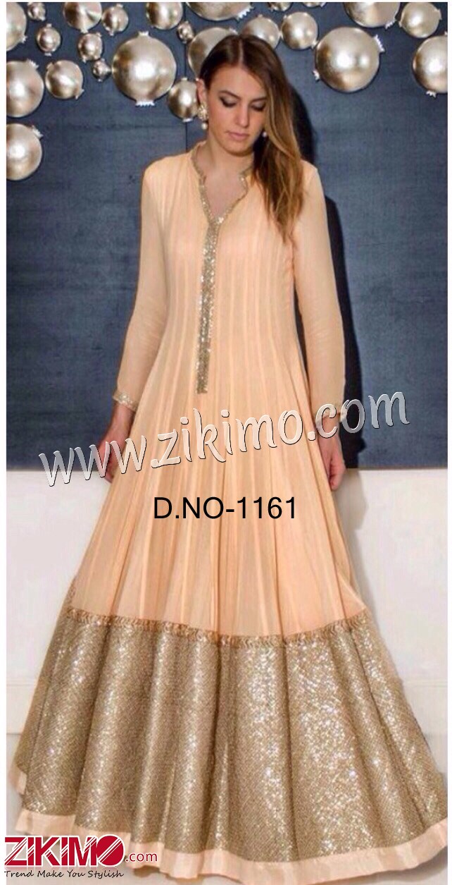Zikimo Designer Net Peach Wedding Wear Floor Length Anarkali