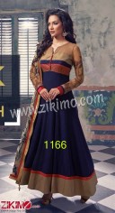 Zikimo Designer Georgette Blue And Biege Wedding Wear Ankle Length Anarkali Suit With Net Dupatta