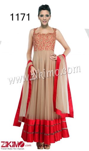 Zikimo Designer Net Red Beige Wedding Wear Ankle Length Anarkali Suit With Net Dupatta