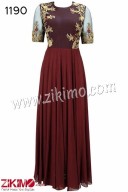 Zikimo Designer Georegtte Brown Wedding Wear Floor Length Anarkali Suit With Net Dupatta