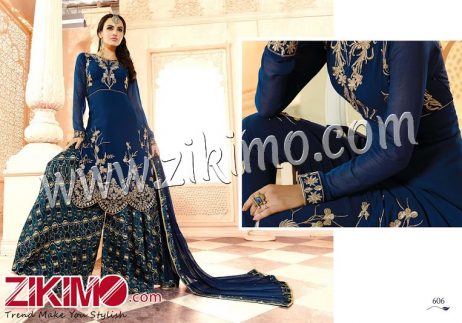 Arjaan Resham Work Blue Embroidered Georgette  Wedding Wear Designer Plazzo Suit 606A
