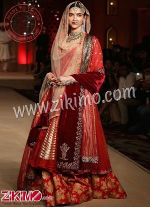Zikimo Bajirao Mastani Deepika Padukone Indian Bridal Wear Red Lehenga with Sharara Pants