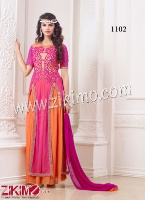 Zikimo 1102 Designer Party Wear Orange And Magenta Flared Faux Georgette Pjami Suit With Nazneen Dupatta