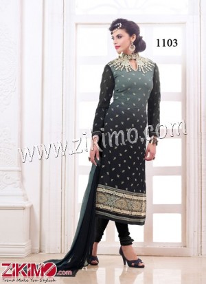 Zikimo 1103 Designer Party Wear Grey And Black Faux Georgette Pjami Straight Suit With Nazneen Dupatta
