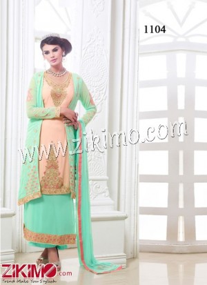 Zikimo 1104 Designer Party Wear Peach And Light Green Faux Georgette Embroidered Pants/Palazzo Suit