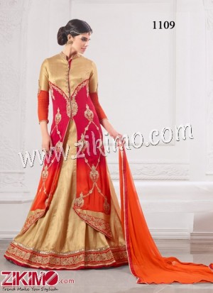 Zikimo 1109 Designer Party Wear Orange And Golden Faux Georgette Flared A Line Suit
