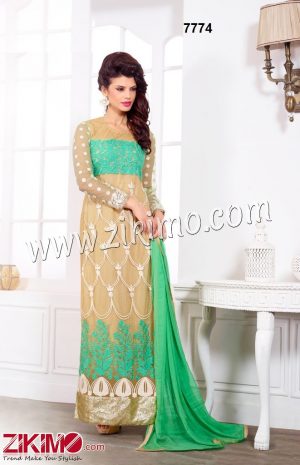 Pure Georgette Beige and Green Party /Wedding Wear Straight Long Suit