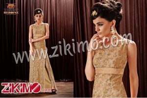 Zikimo Heroine 5087 Golden Chiffon Embeoidery Work Wedding Wear Anniversary Evening Prom Gown